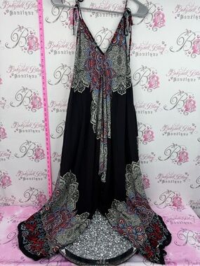Jumper one piece Bohemian Black Maxi Dress with Red & Blue Paisley Print